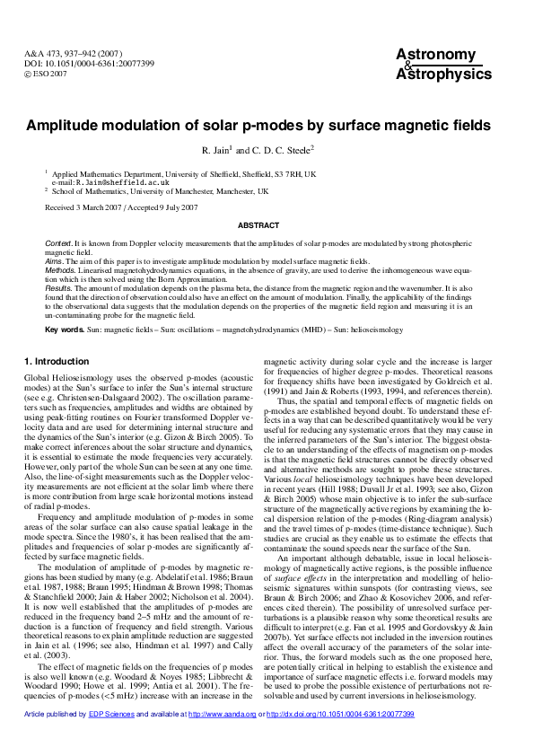 (PDF) Amplitude modulation of solar p-modes by surface magnetic fields