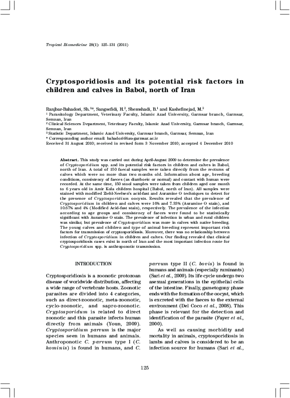 (PDF) Cryptosporidiosis and its potential risk factors in children and ...