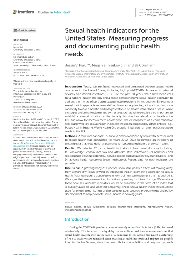 (PDF) Sexual health indicators for the United States: Measuring ...