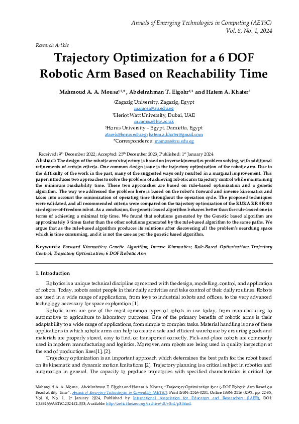 (PDF) Trajectory Optimization for a 6 DOF Robotic Arm Based on ...