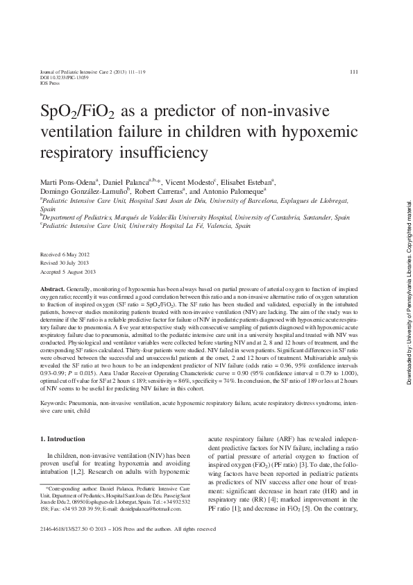(PDF) SpO2/FiO2 as a predictor of non-invasive ventilation failure in ...