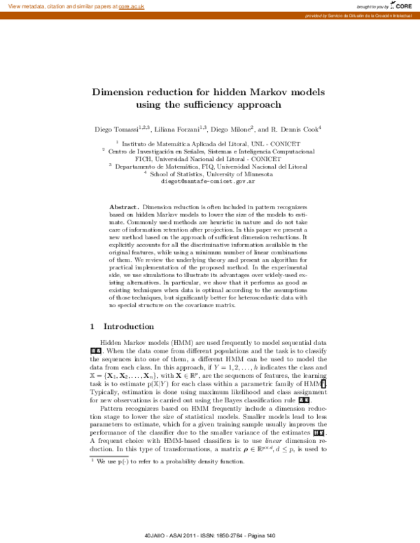 (PDF) Dimension reduction for hidden Markov models using the suficiency ...