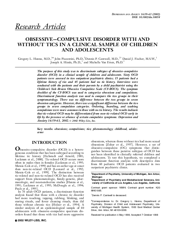 (PDF) Obsessive-compulsive disorder with and without tics in a clinical ...