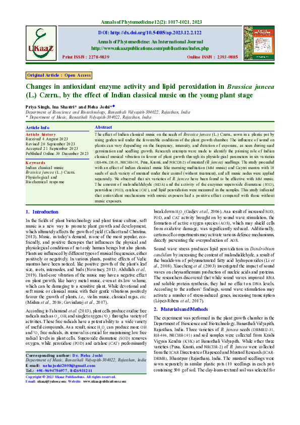 (PDF) Changes in antioxidant enzyme activity and lipid peroxidation in ...