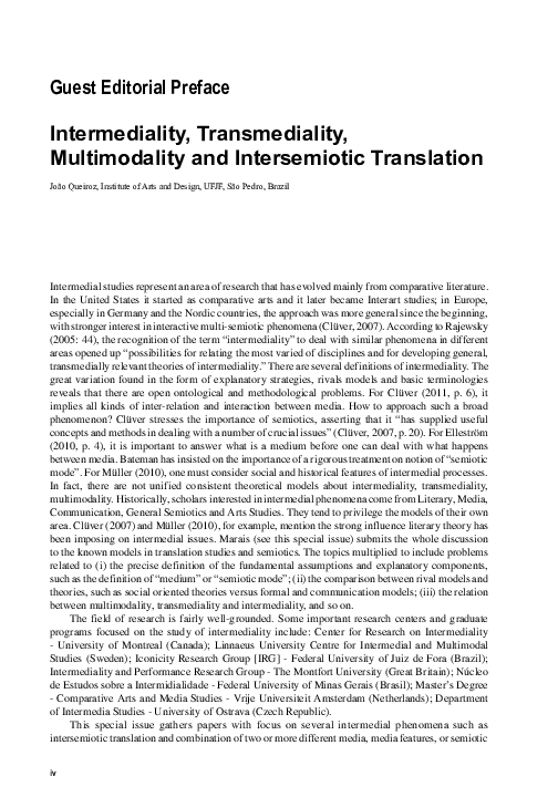 (PDF) Intermediality Transmediality Multimodality and Intersemiotic ...