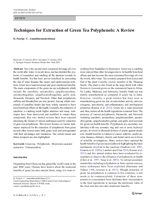 (PDF) Techniques for Extraction of Green Tea Polyphenols: A Review