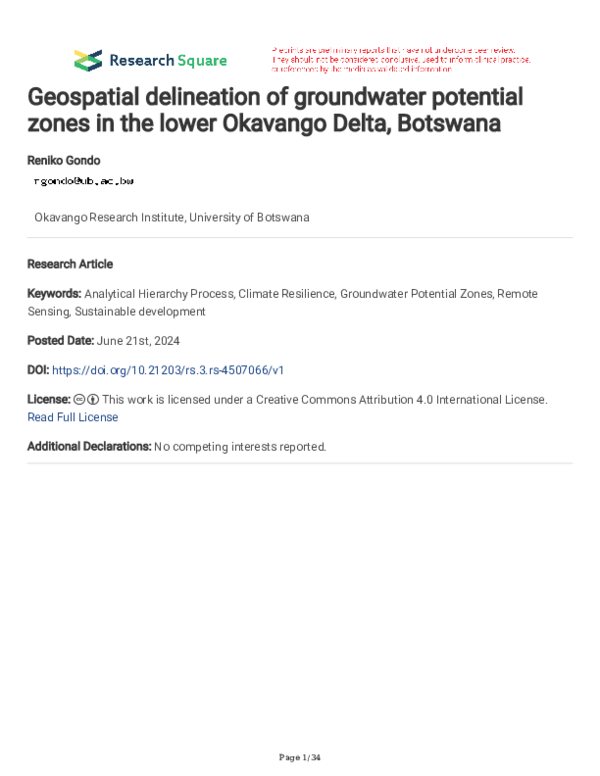 (PDF) Geospatial delineation of groundwater potential zones in the ...