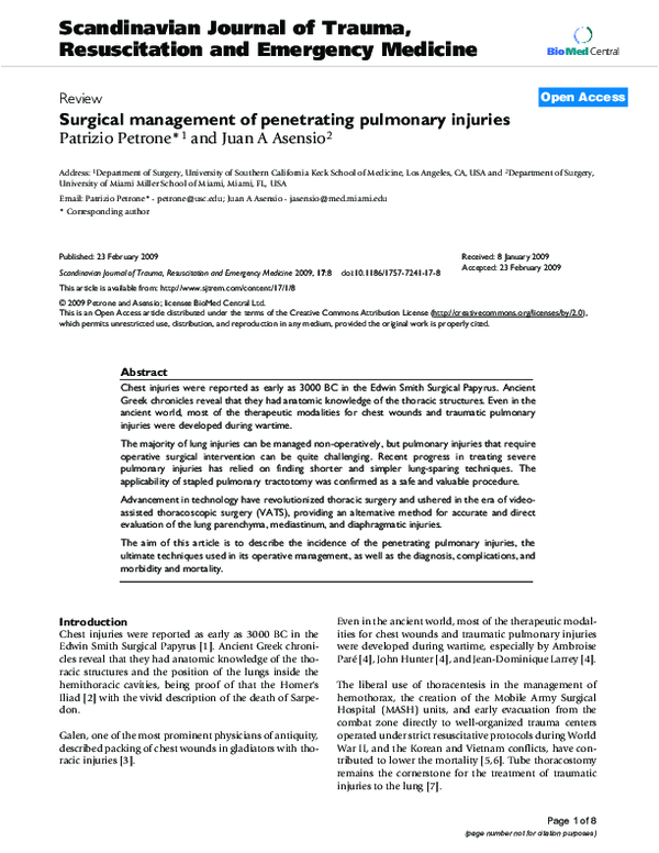(PDF) Surgical management of penetrating pulmonary injuries