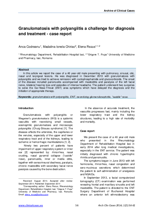 (PDF) Granulomatosis with polyangiitis a challenge for diagnosis and ...
