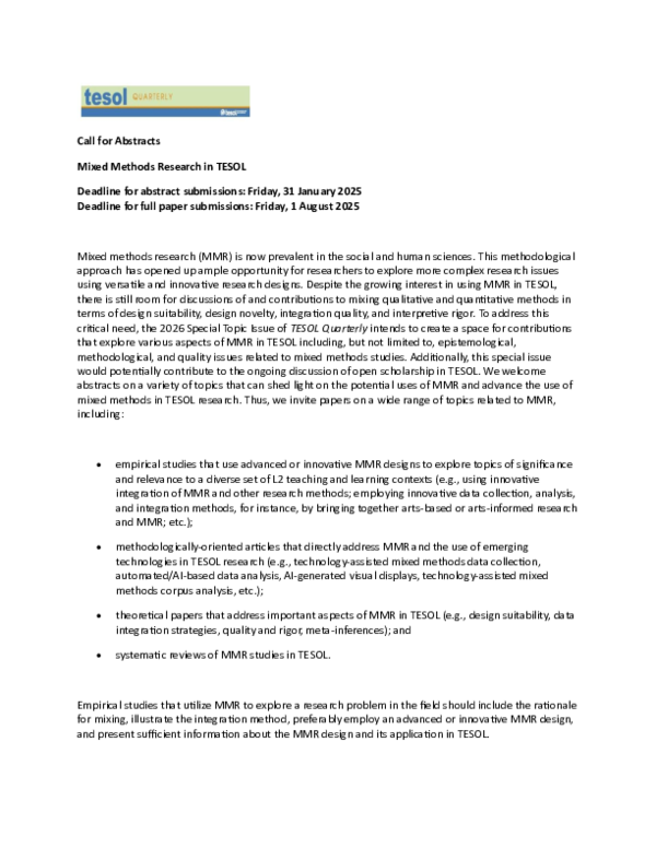 (PDF) TESOL Quarterly 2026 Special Issue on MMR in TESOL: Call for ...