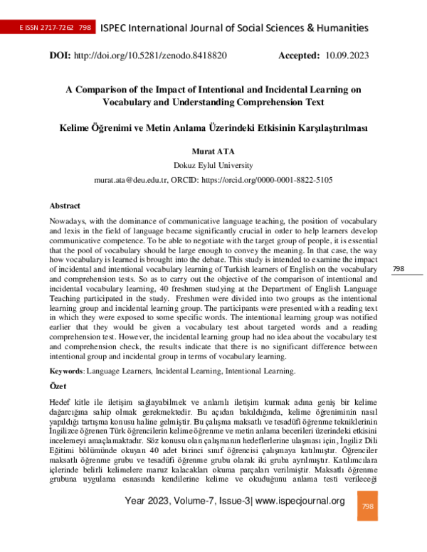 (PDF) A Comparison Of The Impact Of Intentional And Incidental Learning ...