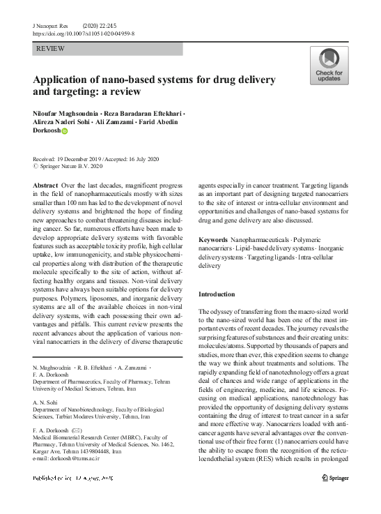 (PDF) Application of nano-based systems for drug delivery and targeting ...