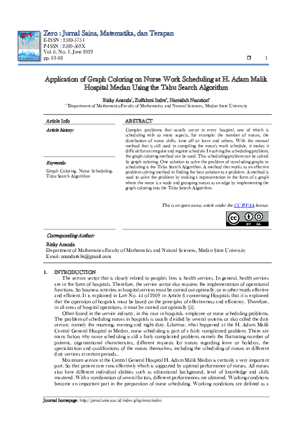  pdf application of graph coloring on nurse work scheduling at h adam