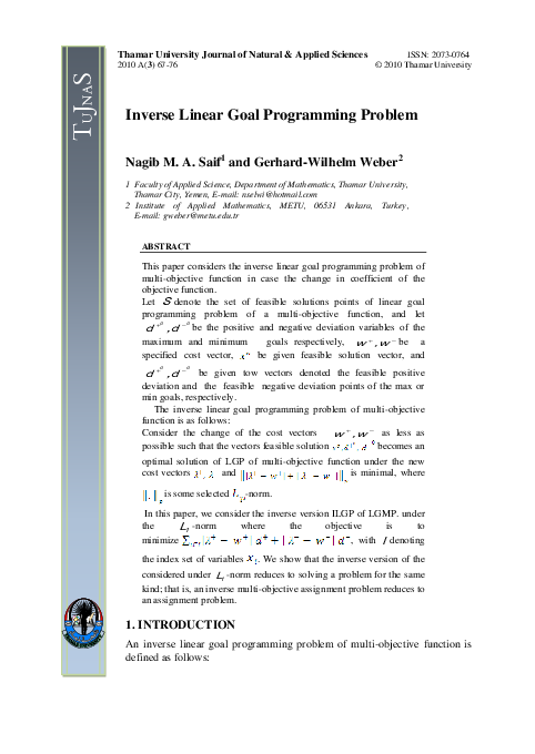 (PDF) Inverse Linear Goal Programming Problem