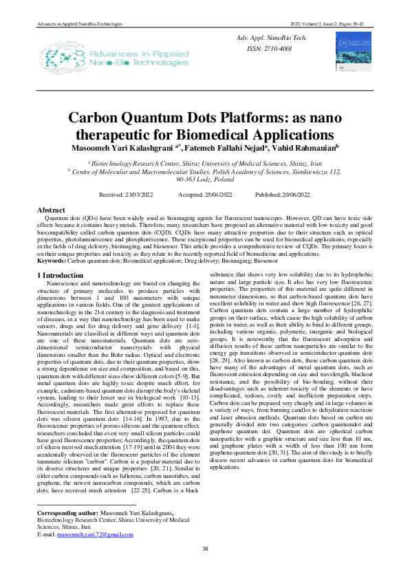 (PDF) Carbon Quantum Dots Platforms: as nano therapeutic for Biomedical ...