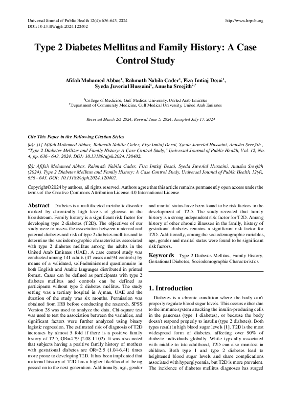 (PDF) Type 2 Diabetes Mellitus and Family History: A Case Control Study