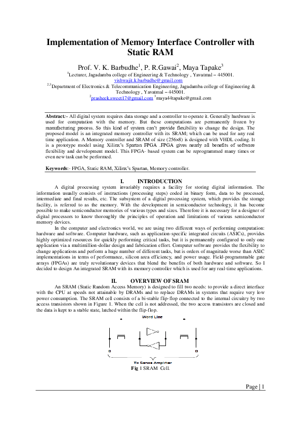 (PDF) Implementation of Memory Interface Controller with Static RAM
