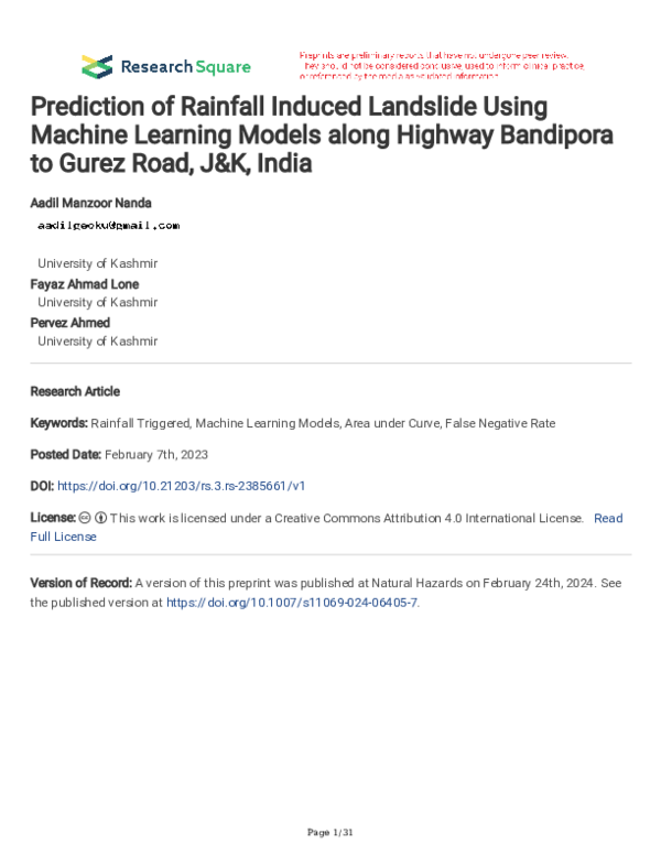 (PDF) Prediction of Rainfall Induced Landslide Using Machine Learning ...