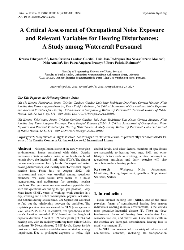 (PDF) A Critical Assessment of Occupational Noise Exposure and Relevant ...