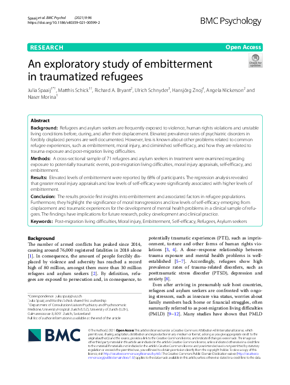 (PDF) An exploratory study of embitterment in traumatized refugees