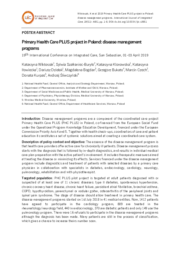 (PDF) Primary Health Care PLUS project in Poland: disease management ...