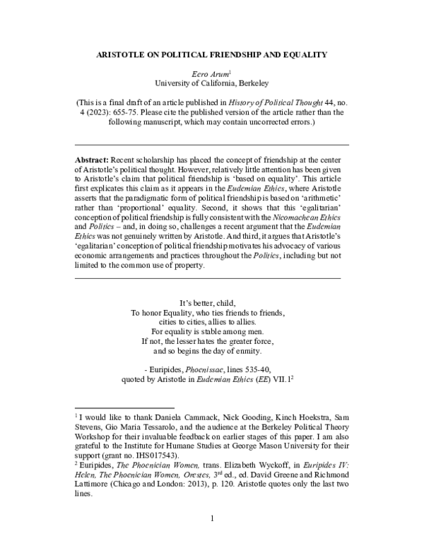 (PDF) Aristotle on Political Friendship and Equality