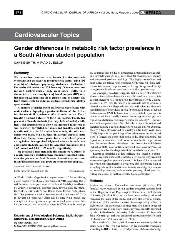 (PDF) Gender differences in metabolic risk factor prevalence in a South ...