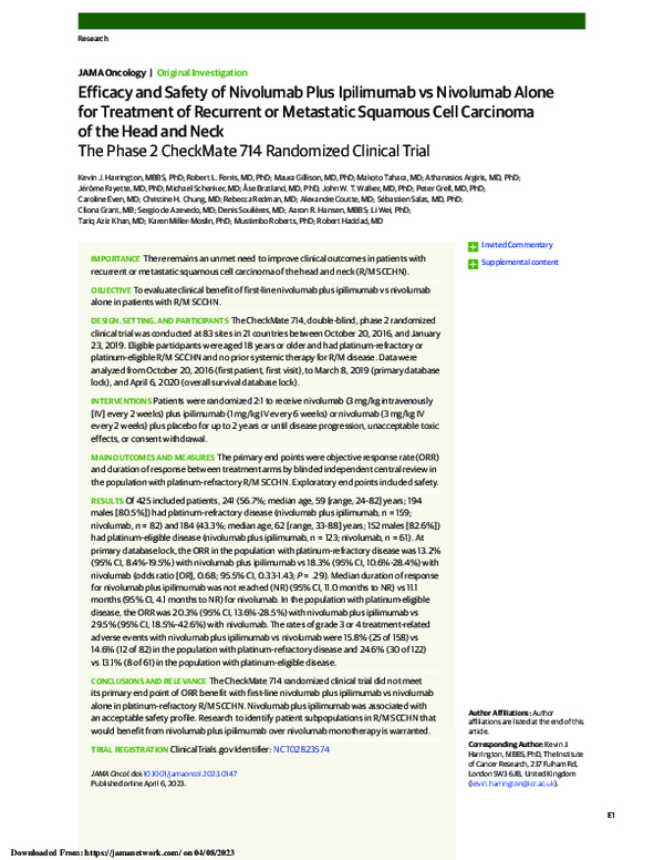 (PDF) Efficacy and Safety of Nivolumab Plus Ipilimumab vs Nivolumab ...