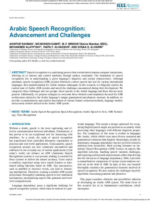 (PDF) Arabic Speech Recognition: Advancement and Challenges