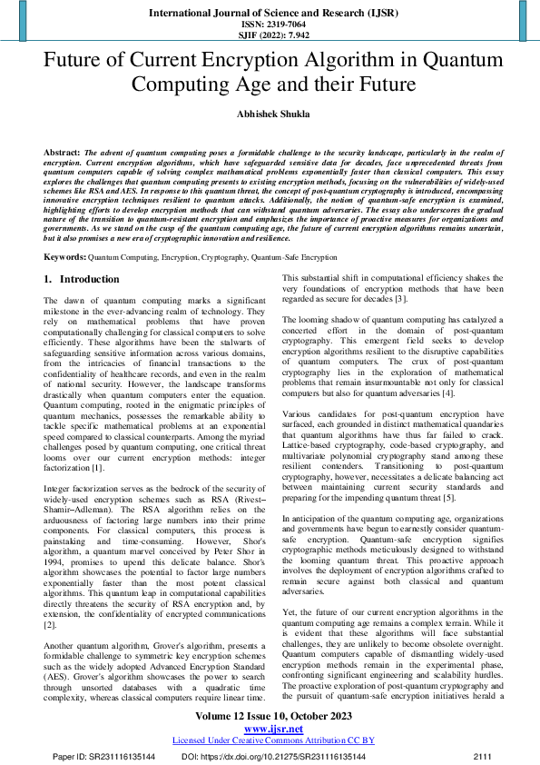 (PDF) Future of Current Encryption Algorithm in Quantum Computing Age ...