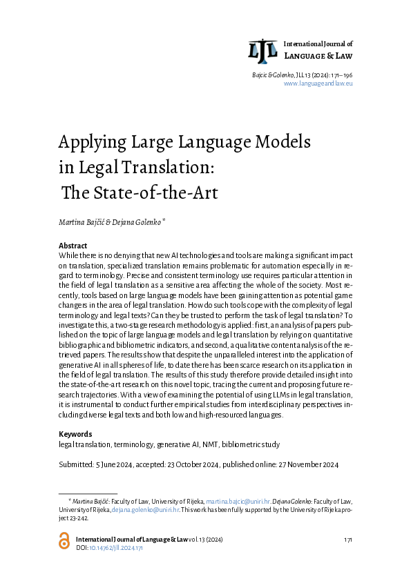 (PDF) Applying Large Language Models in Legal Translation: The State-of ...