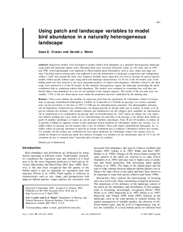 (PDF) Using patch and landscape variables to model bird abundance in a ...