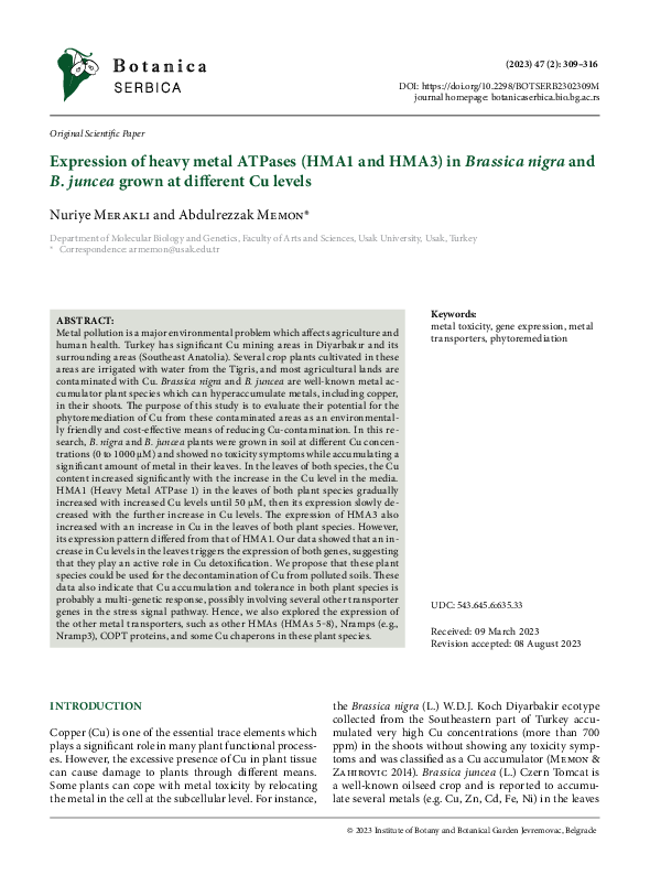 (PDF) Expression of heavy metal ATPases (HMA1 and HMA3) in Brassica ...