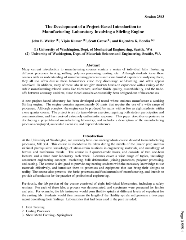 (PDF) The Development Of A Project Based Introduction To Manufacturing ...