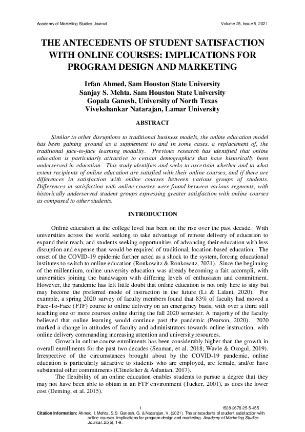 (PDF) The Antecedents of Student Satisfaction with Online Courses ...