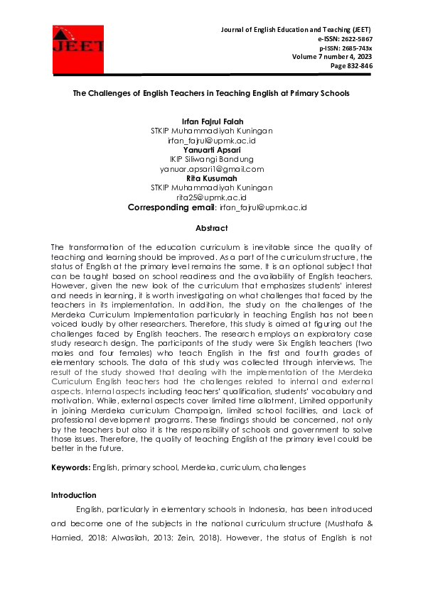 (PDF) The Challenges of English Teachers in Teaching English at Primary ...