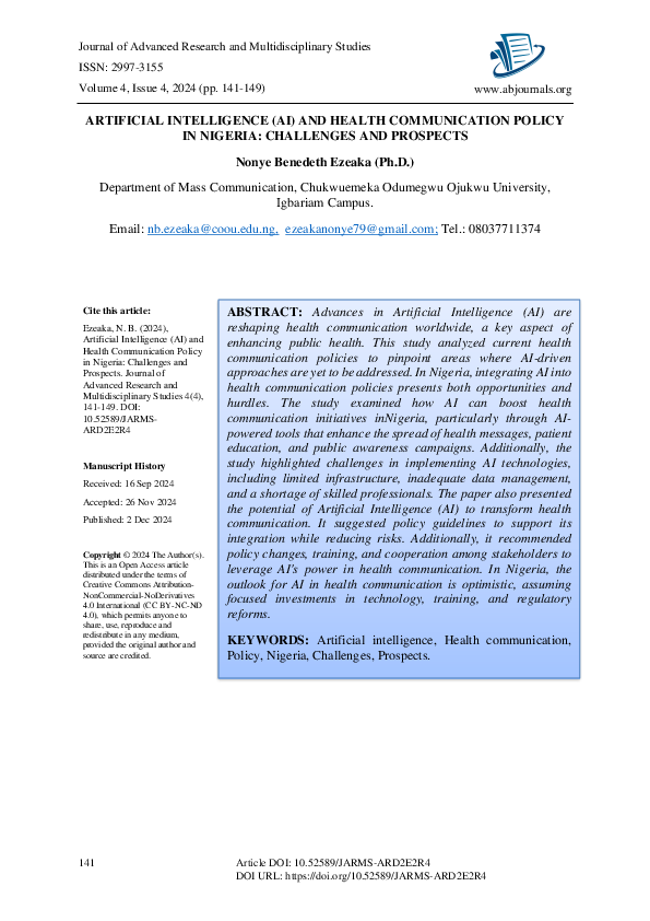 (PDF) ARTIFICIAL INTELLIGENCE (AI) AND HEALTH COMMUNICATION POLICY IN ...