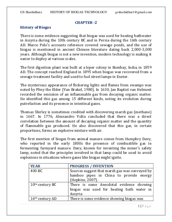(PDF) History of Biogas Technology by GS Shashidhara