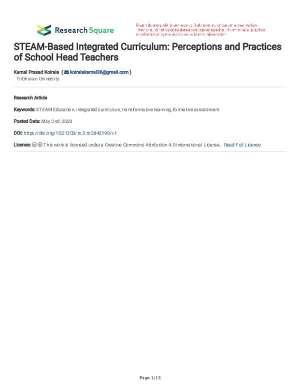 (PDF) STEAM-Based Integrated Curriculum: Perceptions and Practices of ...