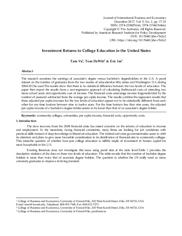 (PDF) Investment Returns to College Education in the United States