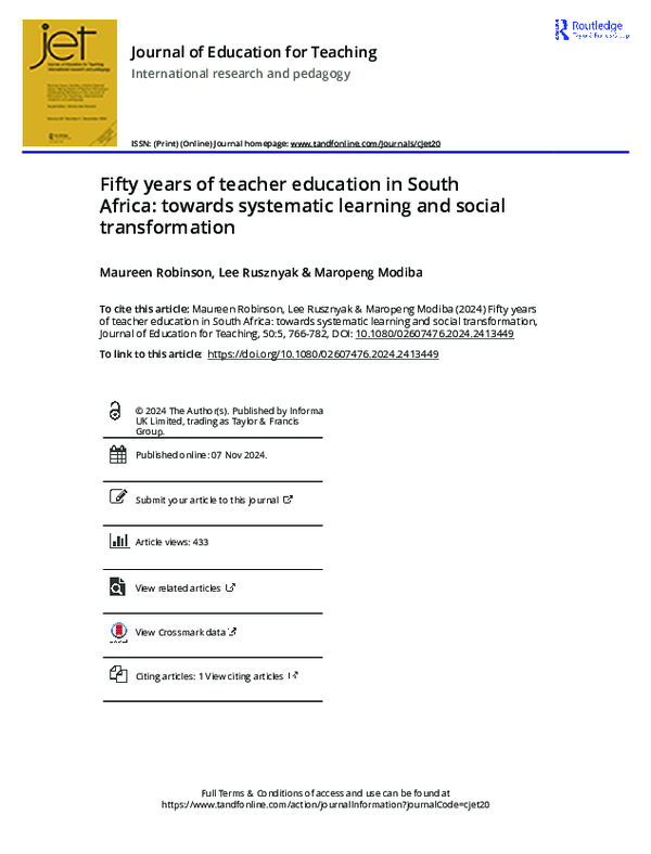 (PDF) Fifty years of teacher education in South Africa: Towards ...