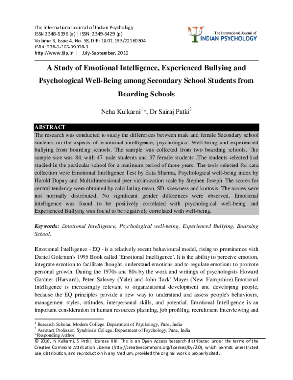 (PDF) A Study of Emotional Intelligence, Experienced Bullying and ...