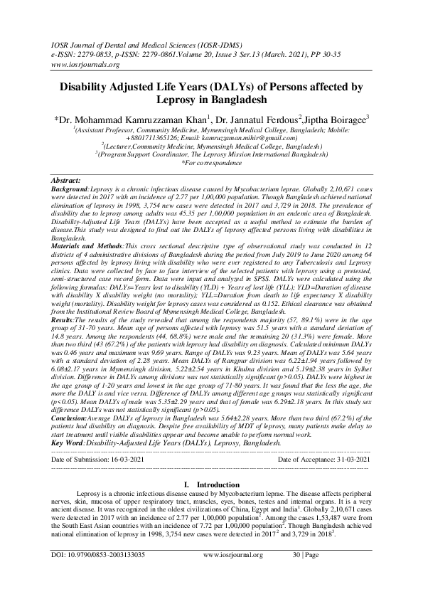 (PDF) Disability Adjusted Life Years (DALYs) of Persons affected by ...
