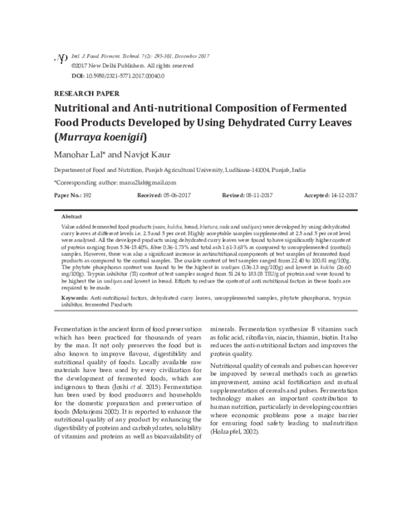 (PDF) Nutritional and Anti-nutritional Composition of Fermented Food ...