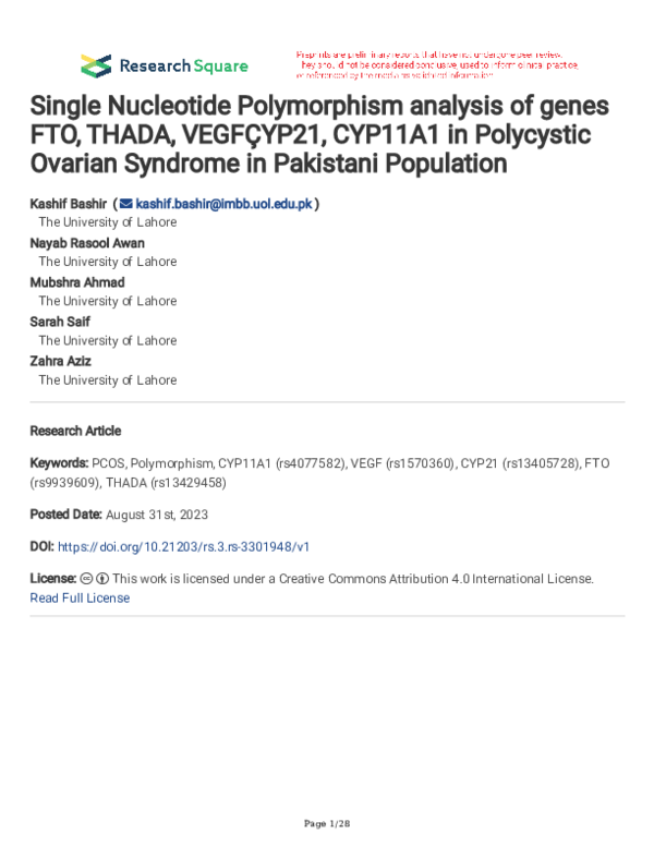 (PDF) Single Nucleotide Polymorphism analysis of genes FTO, THADA ...