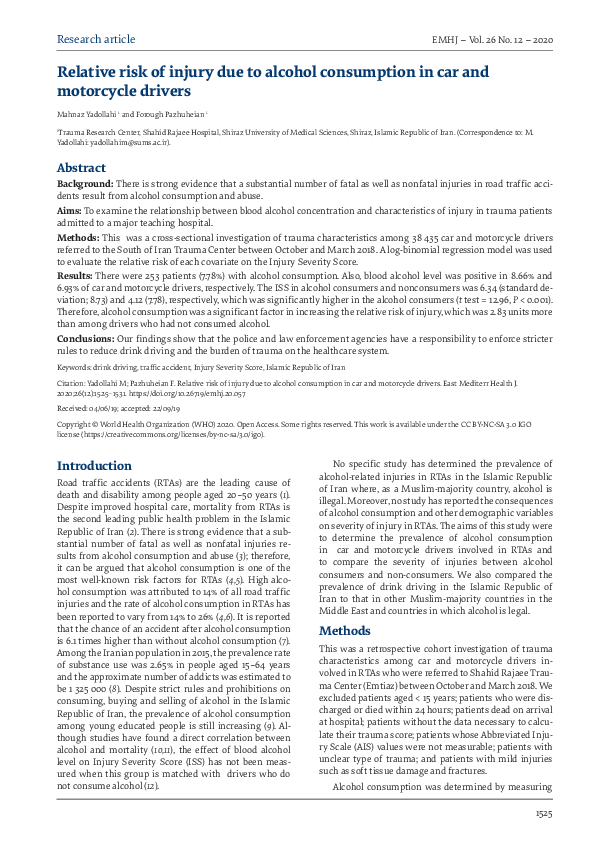 (PDF) Relative risk of injury due to alcohol consumption in car and ...