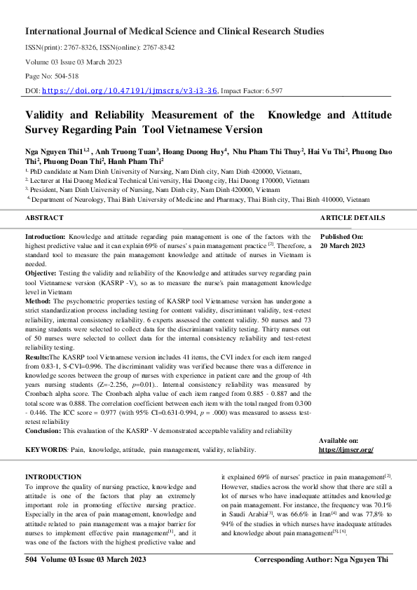 (PDF) Validity and Reliability Measurement of the Knowledge and ...