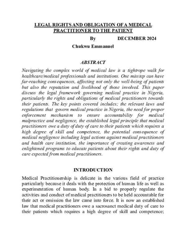 (PDF) LEGAL RIGHTS AND OBLIGATION OF A MEDICAL PRACTITIONER TO THE PATIENT