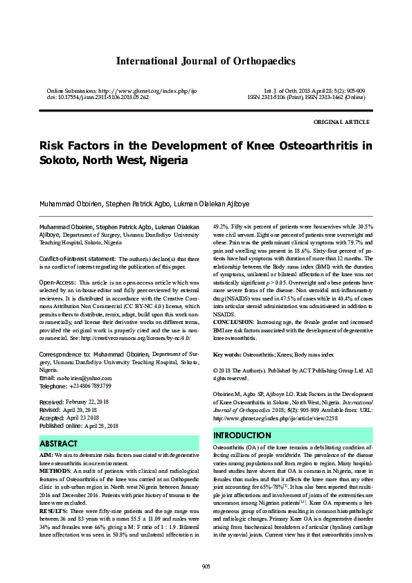 (PDF) Risk Factors in the Development of Knee Osteoarthritis in Sokoto ...