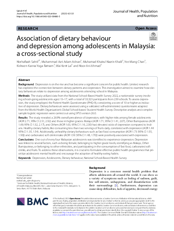 (PDF) Association of dietary behaviour and depression among adolescents ...